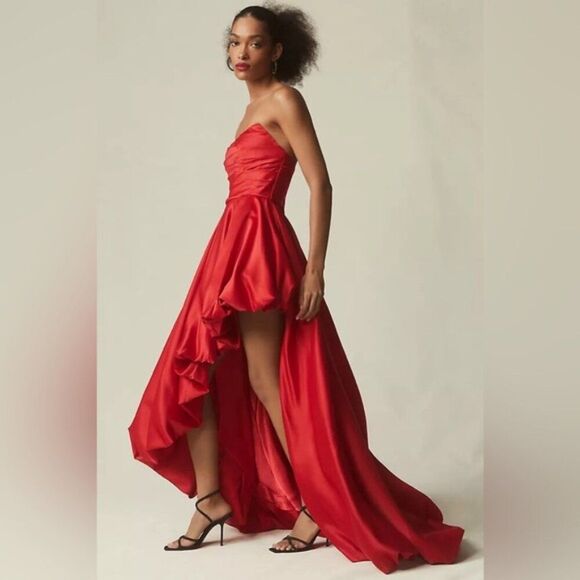 Mac Duggal 11685 Womens‎ Size 8 Red Strapless Ruched High Low Gown Dress Anthro - Picture 5 of 6